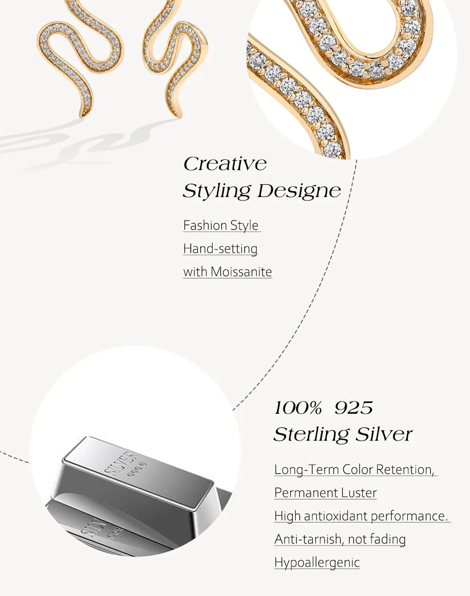 Full moissanite Snake Stud Earring For Women Girls Real 925 Sterling Silver Jewelry Engagement Party Gifts High Quality