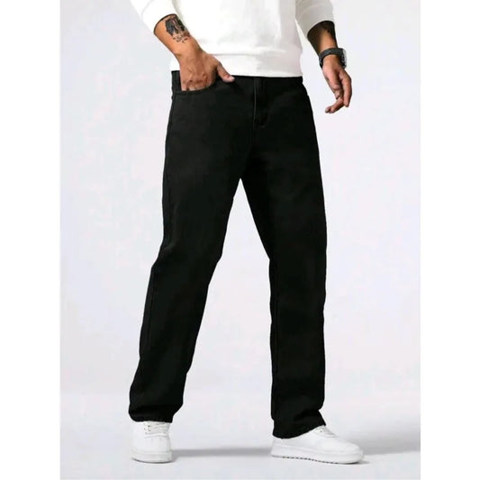New Spring Autumn Straight Jeans Micro Elastic Versatile Pure Black Casual Denim Pants Men's Solid Color Baggy Regular Trousers