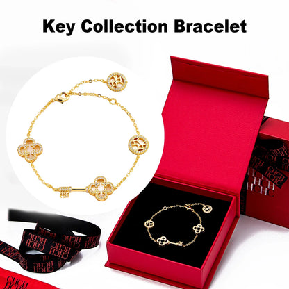 2025 Key Shape Jewelry Set Necklace Earrings Bracelet Ring Gold Plated Brass Zircon Adjustable Light Luxury Gift For Her Party