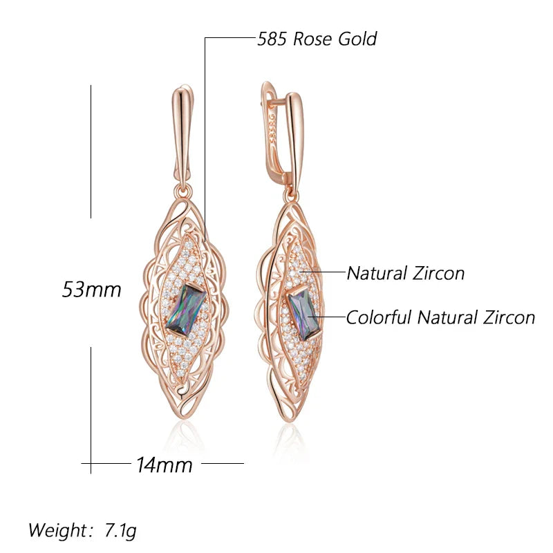 Hot 585 Rose Gold Color Flower Dangle Earrings for Women Square Colorful Natural Zircon Accessories Daily Fine Jewelry