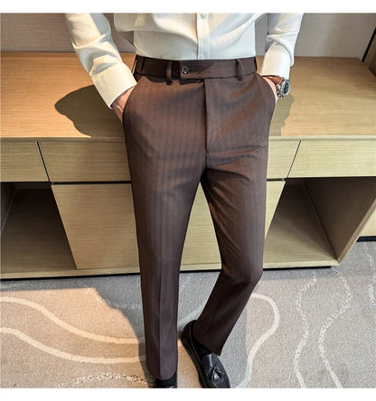 Men's Wool Blend Dress Pants, Elastic Waist Business Trousers, Tapered Slim Fit, Charcoal Gray Black Navy