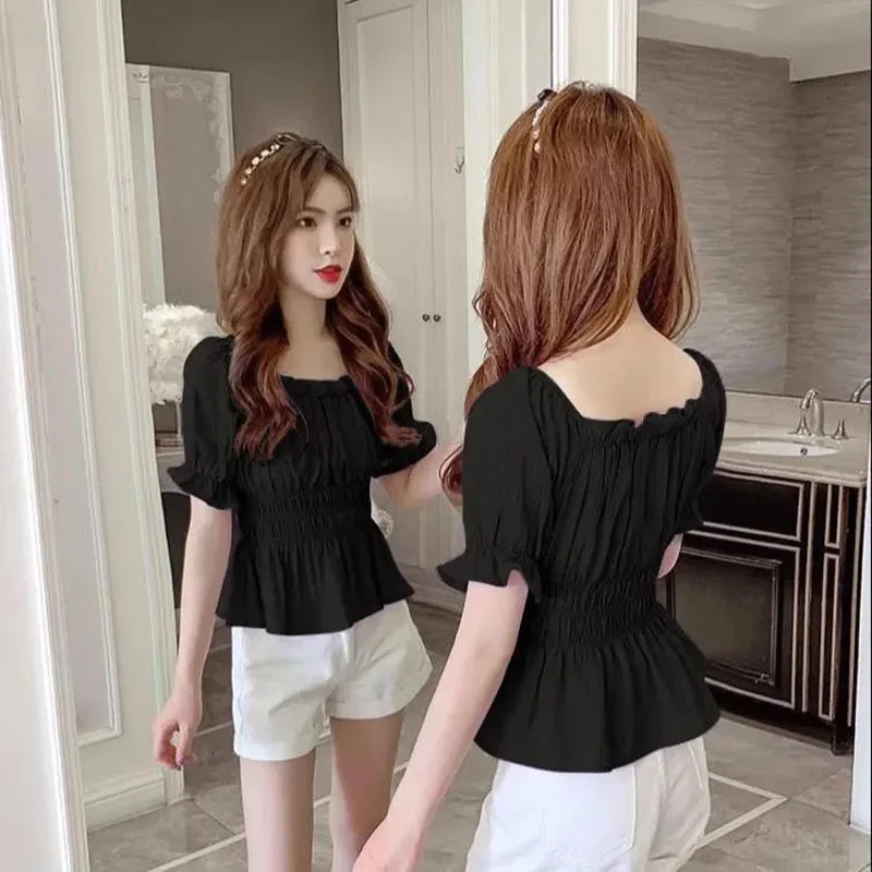 Short Chiffon Shirt Square Neck Top Puff Sleeve Design Women's Short Sleeve Thin Shirt  Womens Blouses Wholesale