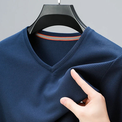2024 Men's Waffle V Neck Short Sleeve T-Shirt Summer Comfortable Breathable Fashion Top in Solid Colors