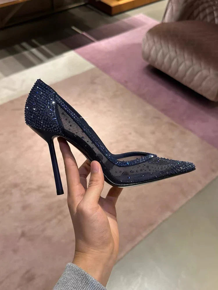 Novos sapatos femininos de salto alto finos pontiagudos com strass de malha, sapatilhas de bico fino, sandálias sexy apimentadas