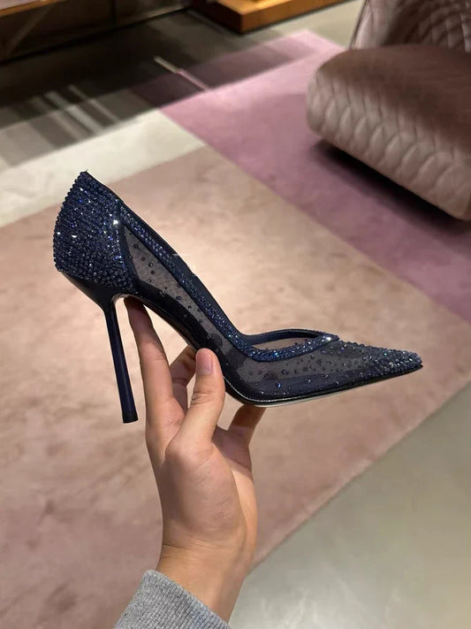 New mesh rhinestone pointed thin heel high heels for women, shallow mouth single shoes, sexy spicy sandals