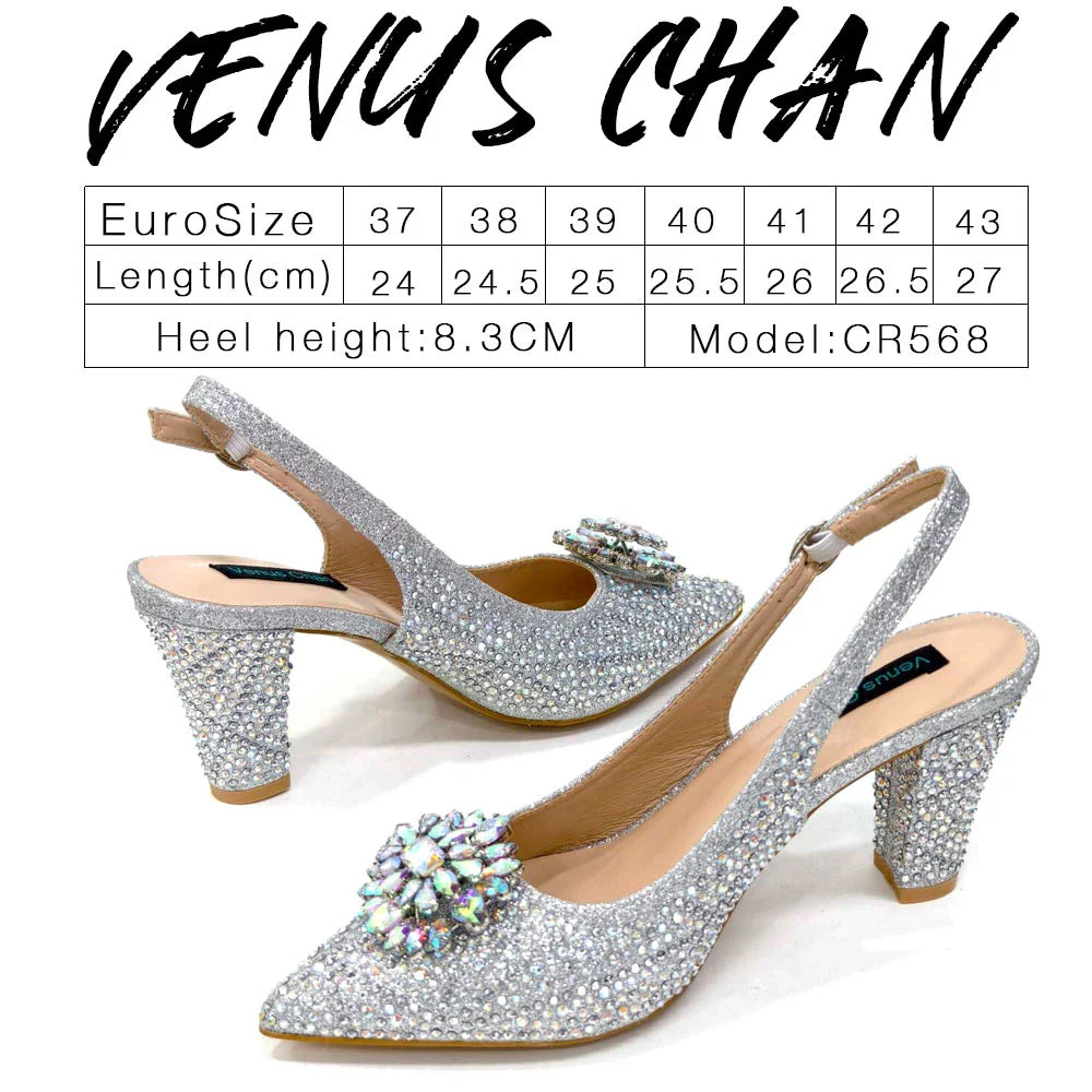 INS Style Green Party Shoe and Bag Set in Women Pointed-Toe Rhinestone High Heels Elegant African Ladies Shoes