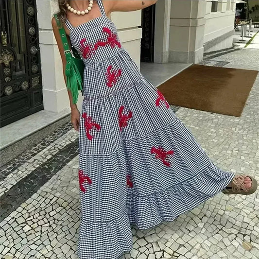 Plaid Slip Long Dress Woman Embroidery Ruffle Summer Dresses 2025 Sleeveless Beach Holiday Dress Women Casual Midi Dresses