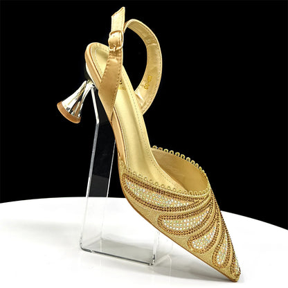 New Green Colour Pointed-Toe Diamond-Studded Party Women's High Heels Gorgeous Parties Shoes and Bag to Match