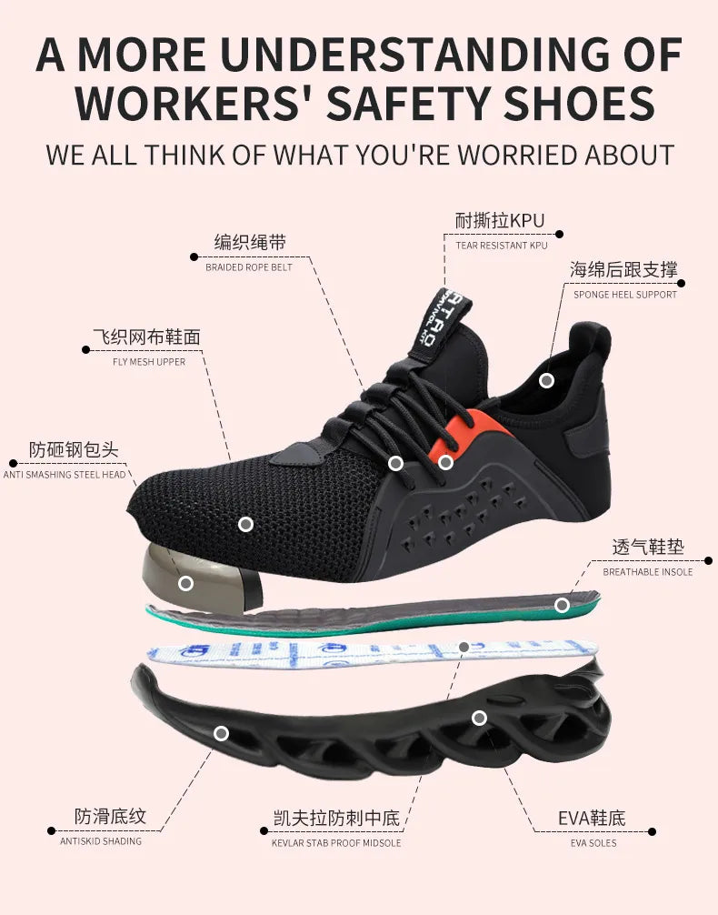 Comfortable Indestructible Safety Shoes Men Work Sneakers Light Security Boots Men Puncture-Proof Work Boots Steel Toe Shoes