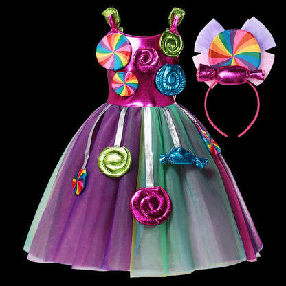 Purim 2026 Girls Disguise Candy Dress Children Colorful Dress Carnival Birthday Party Gift for Girls Lollipop Cosplay Costume