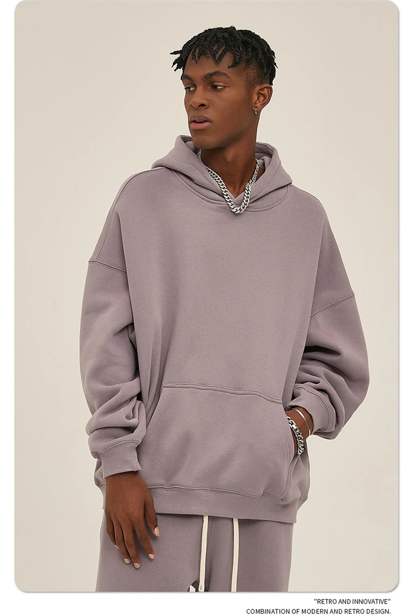 Thick 350gsm Fleece Hooded Hoodies For Men Unisex Winter Oversized Loose Basic Solid Sweatshirts Pullovers Coats HY0631