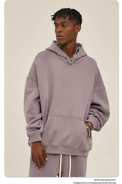 Thick 350gsm Fleece Hooded Hoodies For Men Unisex Winter Oversized Loose Basic Solid Sweatshirts Pullovers Coats HY0631