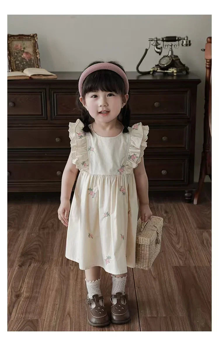 Summer Girls Dress Children's Clothing Bow Embroidered Flower Collar Girl's Dress Cartoon Printed Flying Sleeves Princess Dress
