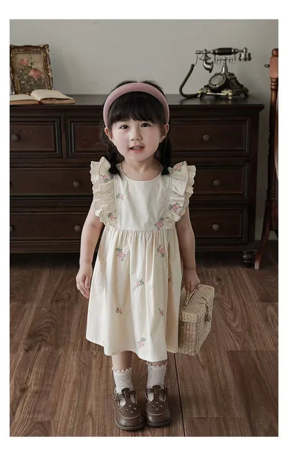 Summer Girls Dress Children's Clothing Bow Embroidered Flower Collar Girl's Dress Cartoon Printed Flying Sleeves Princess Dress