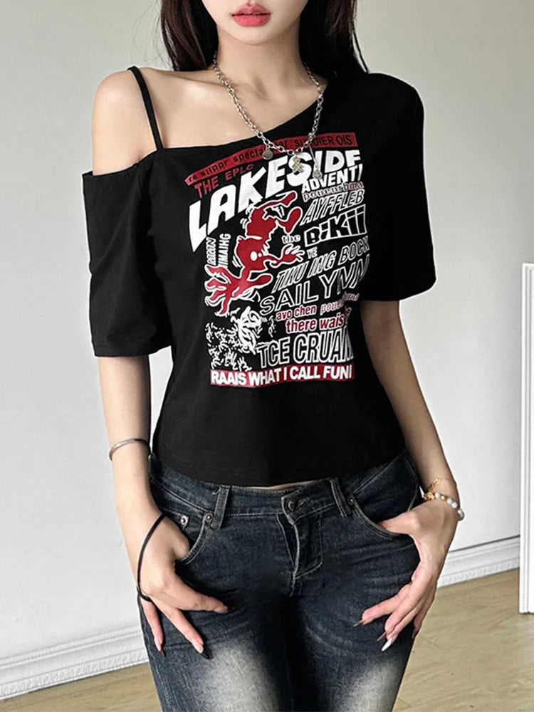 Tee Y2k Letter Print Off Shoulder Punk T-shirts Women Harajuku Summer Streetwear Grunge T Shirt Aesthetic Sexy Crop Tops