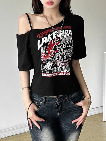 Tee Y2k Letter Print Off Shoulder Punk T-shirts Women Harajuku Summer Streetwear Grunge T Shirt Aesthetic Sexy Crop Tops