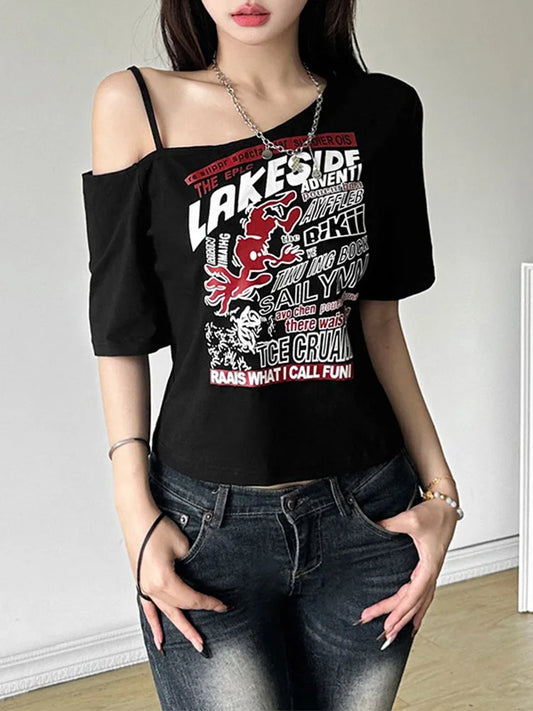 Tee Y2k Letter Print Off Shoulder Punk T-shirts Women Harajuku Summer Streetwear Grunge T Shirt Aesthetic Sexy Crop Tops