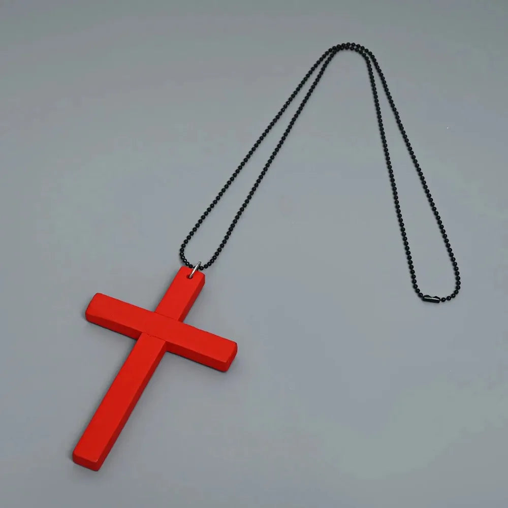 Fashion Punk Gothic Wood Cross Pendant Necklace for Women Men Halloween Vintage Black Hip Hop Y2K Accessories Party Jewelry Gift