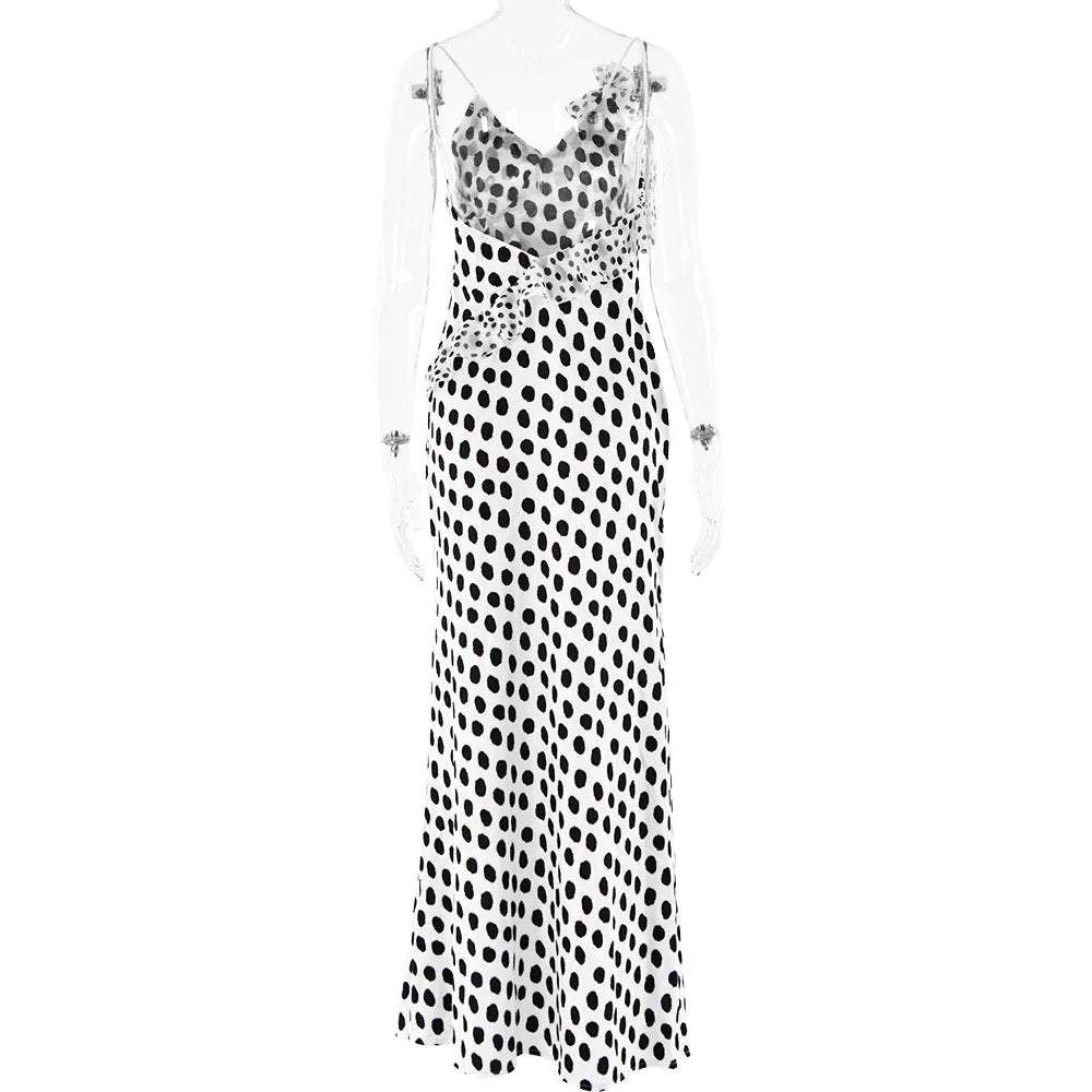 Backless  Print Dots Flower Women Maxi Dress Spaghetti Strap Evening Dress Autumn Skinny Elegant Party Clubwear