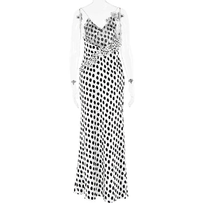 Backless  Print Dots Flower Women Maxi Dress Spaghetti Strap Evening Dress Autumn Skinny Elegant Party Clubwear