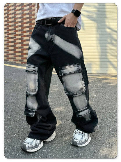 2026 Spring Summer Men's Black Straight Leg Workwear Jeans With Multiple Pockets High Street Style Splashed Ink Male Denim Pants