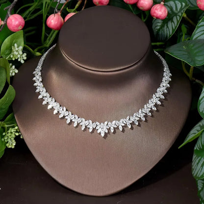 Fashion Cubic Zircon Leaf Pendant Necklace and Earrings Set 4PCS Bridal Wedding Jewelry Set for Women Gifts Bijoux  S-353
