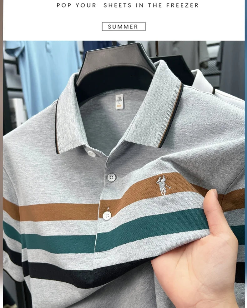 Boutique cotton short sleeve men's polo shirt 2025 summer fashion striped high-end flip collar top casual youth business T-shirt