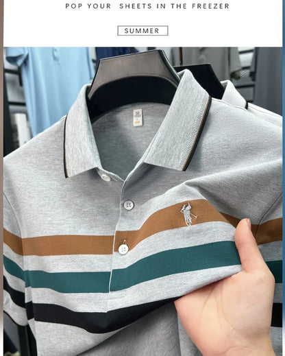 Boutique cotton short sleeve men's polo shirt 2025 summer fashion striped high-end flip collar top casual youth business T-shirt