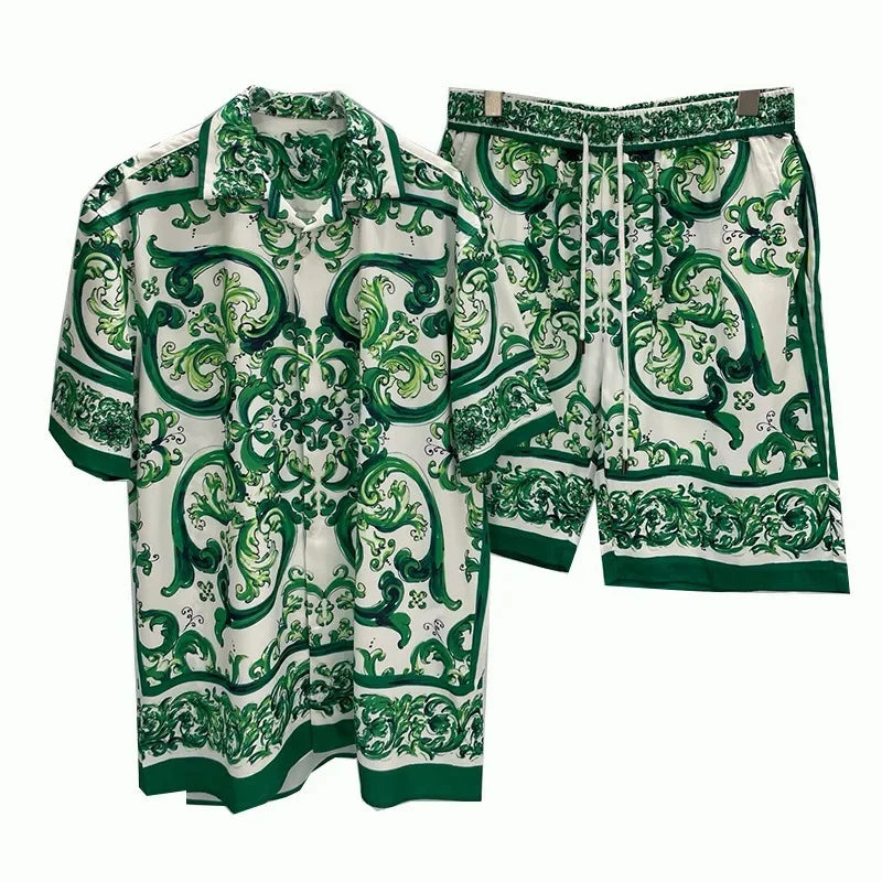 Verão 2025 Estampa Digital Casual Camisa Masculina de Manga Curta e Shorts Conjunto Camisa Havaiana Moda Jovem Transfronteiriça Roupas Masculinas