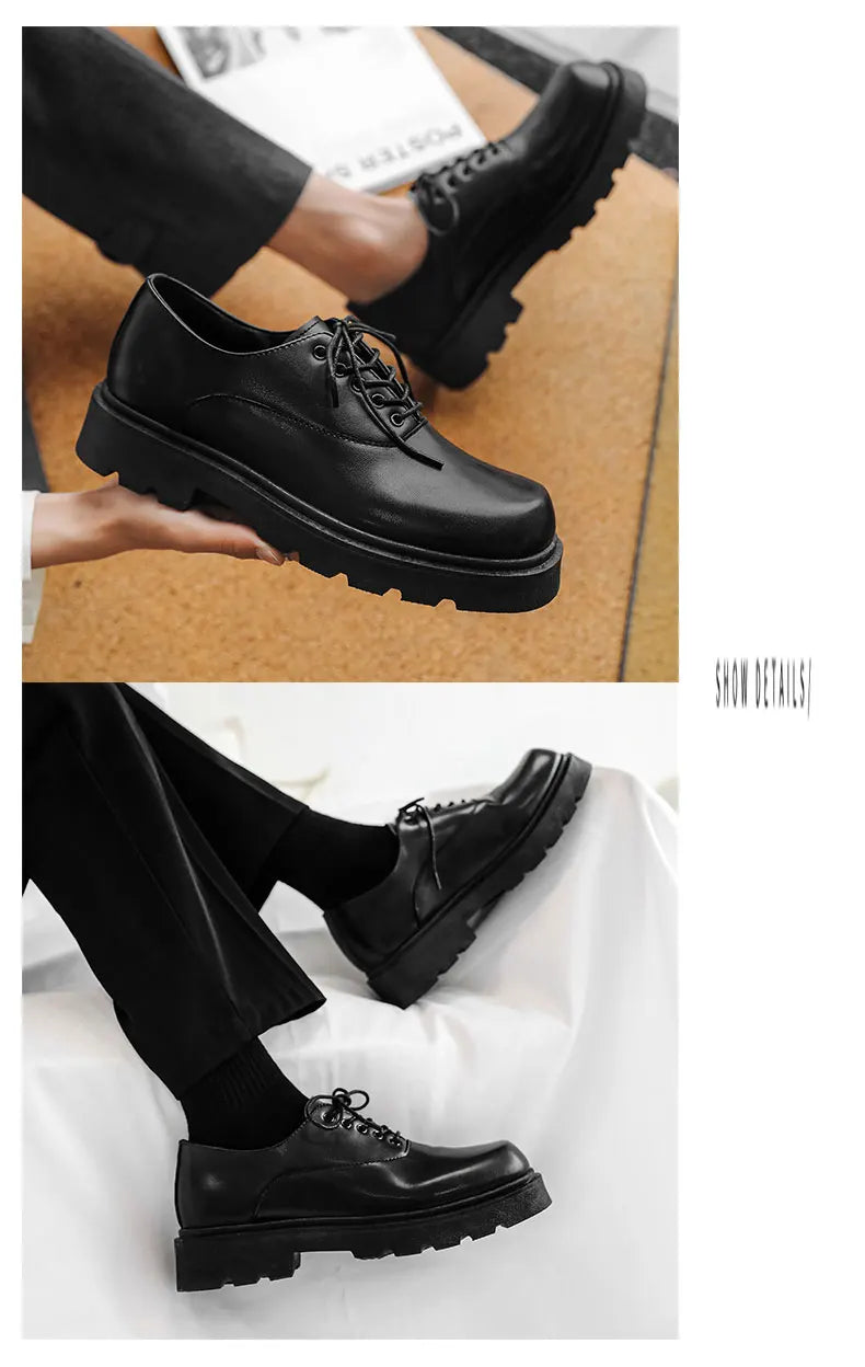 Men's Formal Shoes with Flat Heel Low Top Lace-up Solid Color Thick Sole Unique and Fashionable New Style Leather Shoes