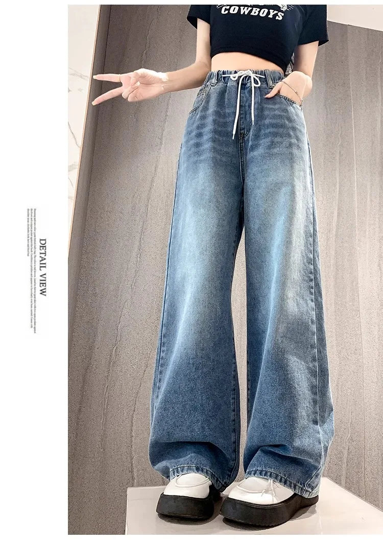 Calça Jeans Feminina Plus Size Folgada Cintura Alta Perna Larga Azul Claro Elástico na Cintura Cordão Calças Outono Moda Plus Size