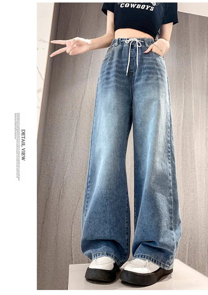 Calça Jeans Feminina Plus Size Folgada Cintura Alta Perna Larga Azul Claro Elástico na Cintura Cordão Calças Outono Moda Plus Size