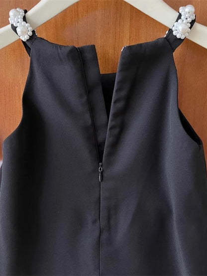 Girls Summer Black Pearl Dress – Charming Sleeveless A-Line Dress with Beaded Straps & Ruffle Hem, Elegant Kids Fashion