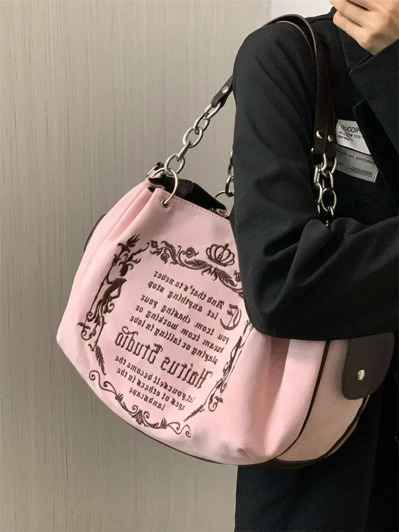 Bolsa Tote Feminina Rosa Vintage Y2K Gótica Estética Grande Capacidade Bordado Letra Retrô Corrente Grunge Viagem Ombro