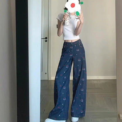 American Style Y2K Hello Kitty Denim Pants Sanrios Anime Girls Jeans Kawaii New Women Summer Cat Embroidered Slim Straight Pants