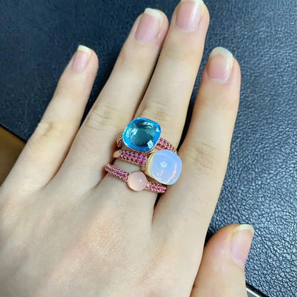 Conjunto de 3 anéis empilháveis ​​Nudo para mulheres, conjunto com cores mistas, cristais tipo bala incrustados, zircônia, ametista, topázio azul, joia redonda, presente