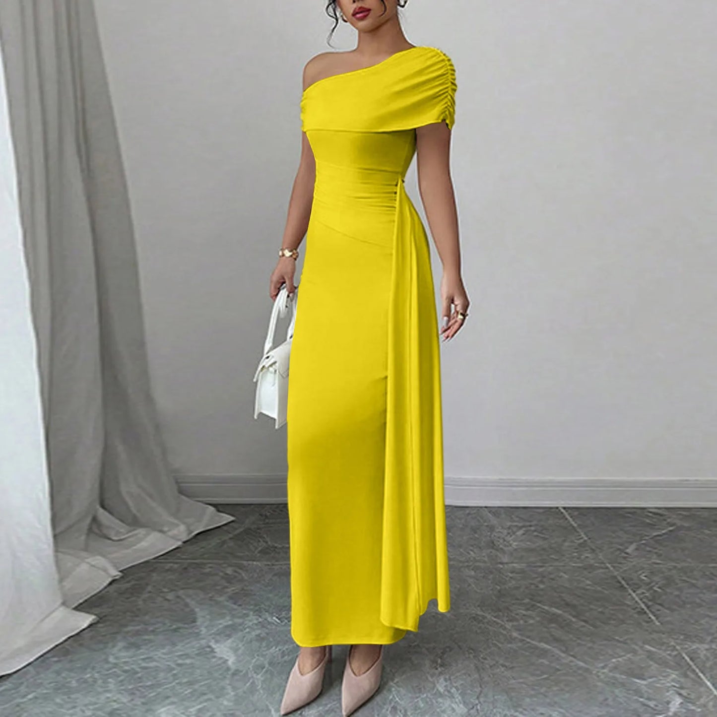 Vestidos Longos de Festa Sensuais para Mulheres, Vestido de Cor Sólida sem Mangas com Decote Diagonal, Vestido Maxi Plissado Justo, Vestido Bodycon Moderno