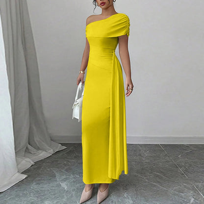 Vestidos Longos de Festa Sensuais para Mulheres, Vestido de Cor Sólida sem Mangas com Decote Diagonal, Vestido Maxi Plissado Justo, Vestido Bodycon Moderno