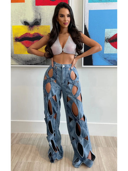 Women Vintage Cutout Hollow Out Criss Cross Straight Denim Pants 2024 Fashion INS High Waist Wide Leg Jeans Trousers