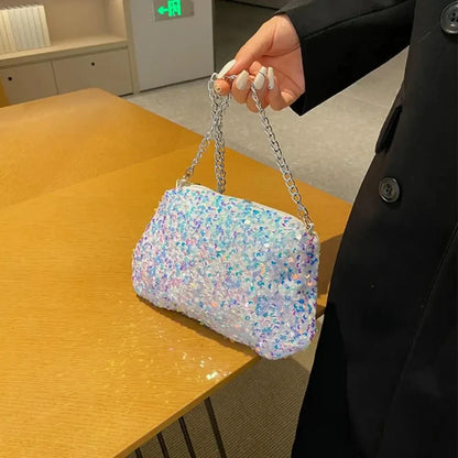 Solid Color Sequins Crossbody Bag Simple Chain INS Small Square Bag Handbag Underarm Bag Evening Clutch Bag Female