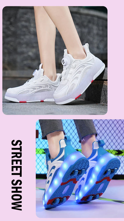 New Kids Wheels Roller Skate Shoes Boys Girls Swivel Buckle LED Light Luminous rechargeable Outdoor Children's Casual Sneakers