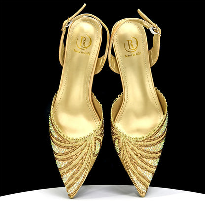 New Green Colour Pointed-Toe Diamond-Studded Party Women's High Heels Gorgeous Parties Shoes and Bag to Match