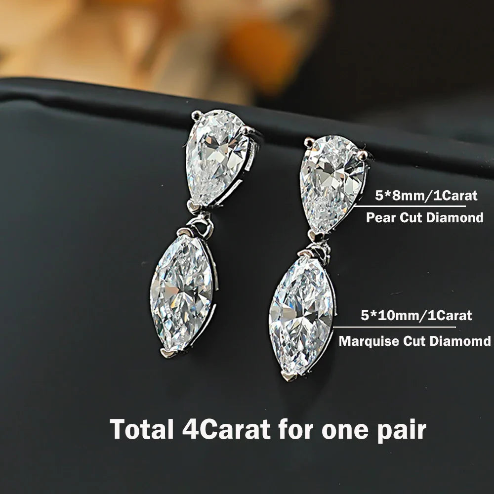 4cttw Double-stone Moissanite Drop Earrings For Women Pear-Marquise Cut Diamond Stud Earring Certified S925 Silver Fine Jewelry