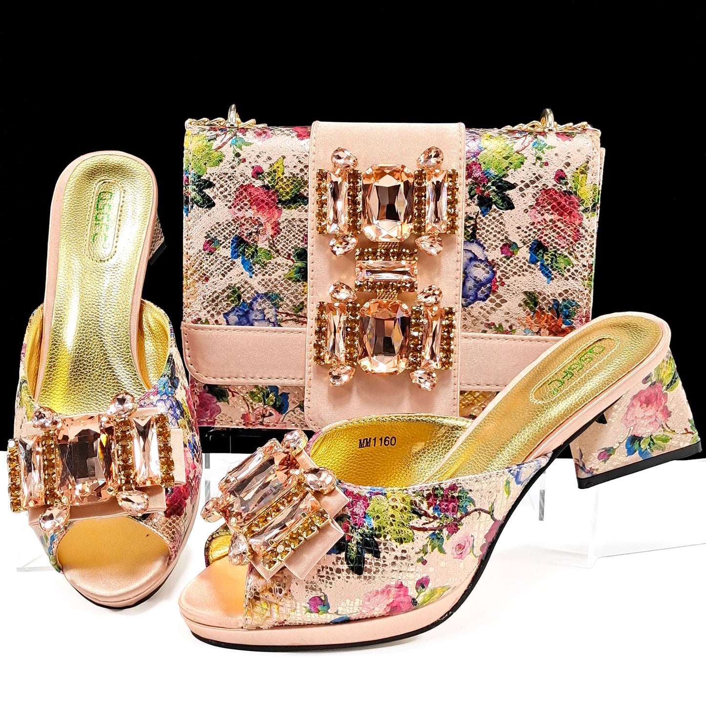 Italian Sandals and Bags Matching Set 2026 Women Heel Party for Rose Gold Colour Wedding Bigger Size Thick Heel Shoes