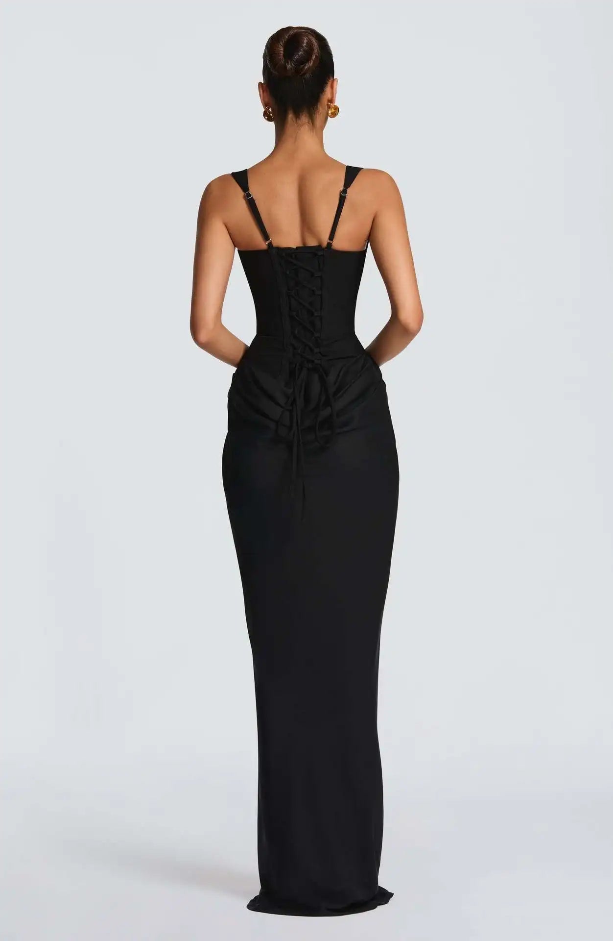 Women's casual long sleeved slim fit fishbone pure desire suspender jumpsuit long skirt slim fit solid color hip hugging dress