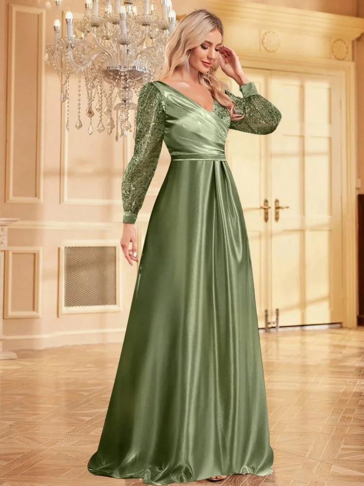 Luxury Blue V-Neck Sequin Evening Dress 2024 Elegant Women Party Maxi Dress Long Sleeve Cocktail Dress Prom Gown