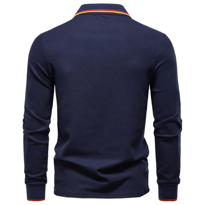 Men's Henley Neck Polo Shirt Cotton Solid Color Long Sleeve Autumn Winter Premium Luxury Mens Top