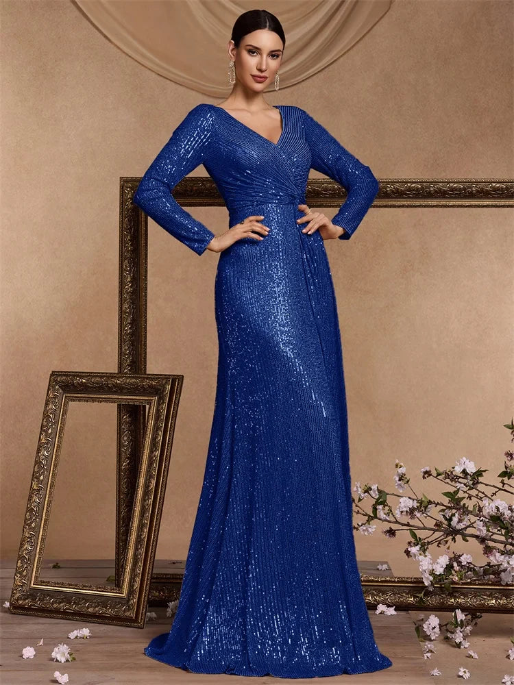 Luxury Royal Blue Sequins Formal Evening Dresses elegant 2025 Long Sleeve Mermaid Prom Wedding Party Cocktail Graduation Gowns