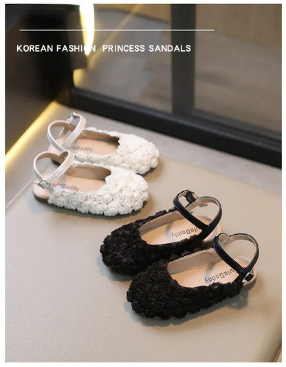 Girls Sandals 2024 Cute Toes Wrapped Flowers Spring New Children Fashion Princess Mary Janes for Party Wedding Shows Simple Cute