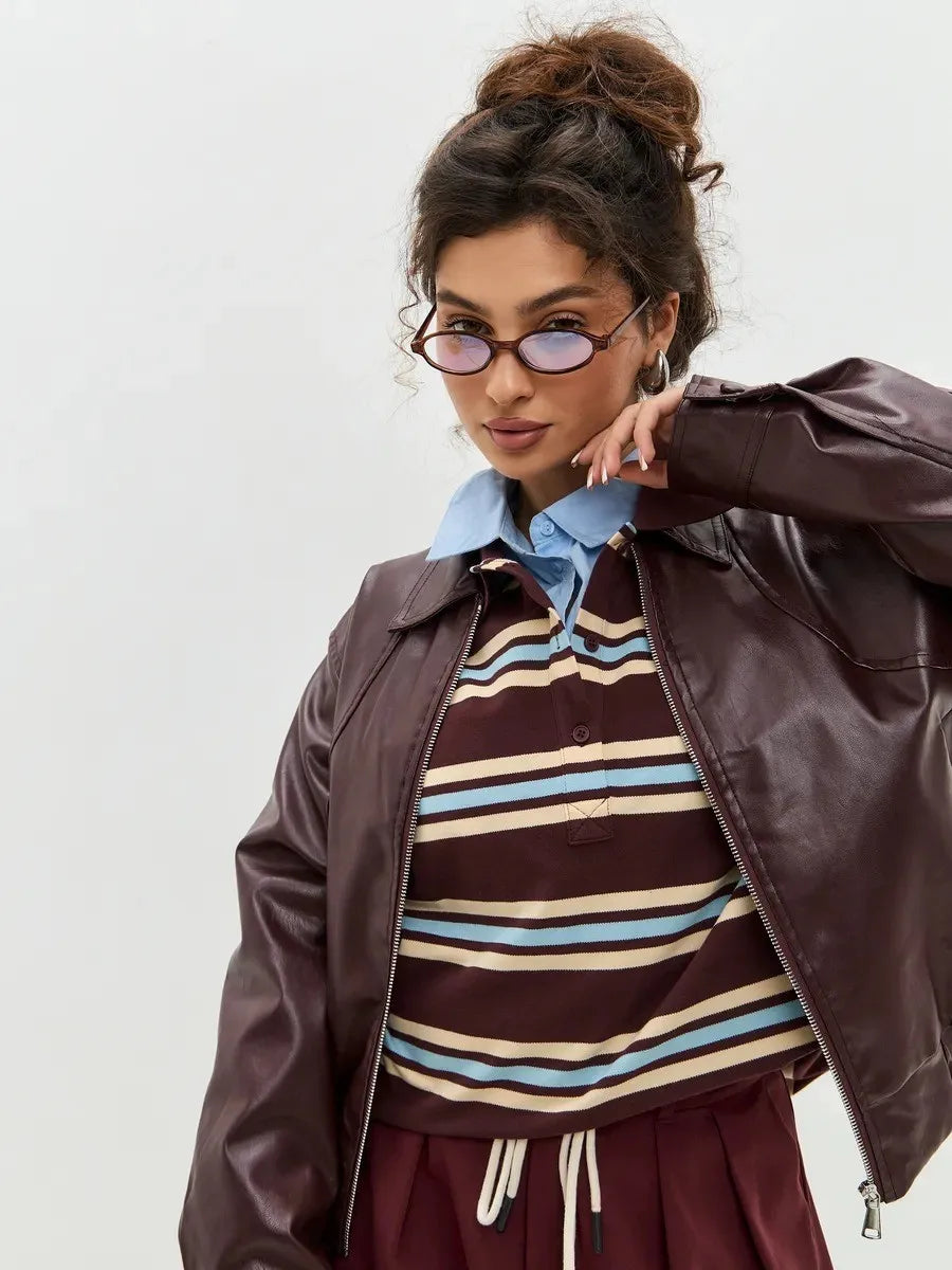 Autumn Casual Stripes Contrast Long-sleeved T-shirt Women Button Lapel Polo Shirt Tshirts New Streetwear Retro Chic Tops 2025